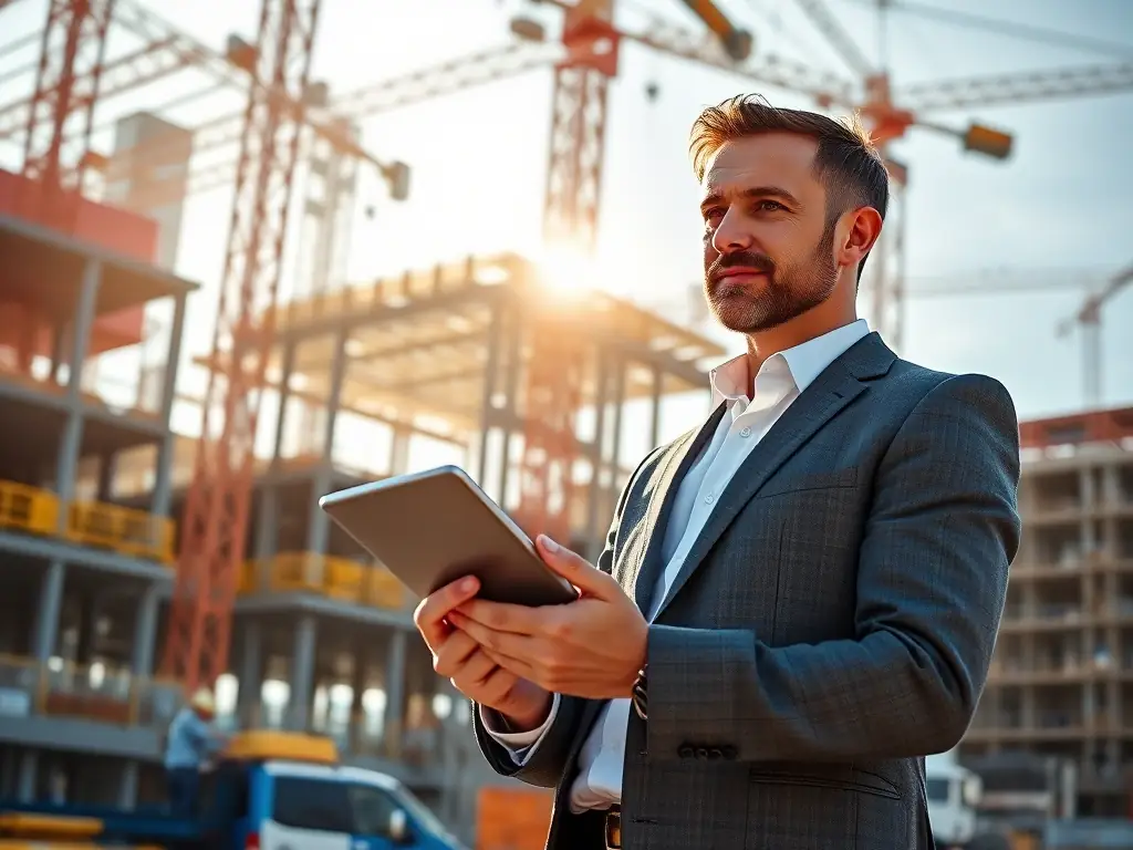 A consultant in a suit is reviewing data on a tablet with a construction site visible in the background, symbolizing process optimization in the construction industry.
