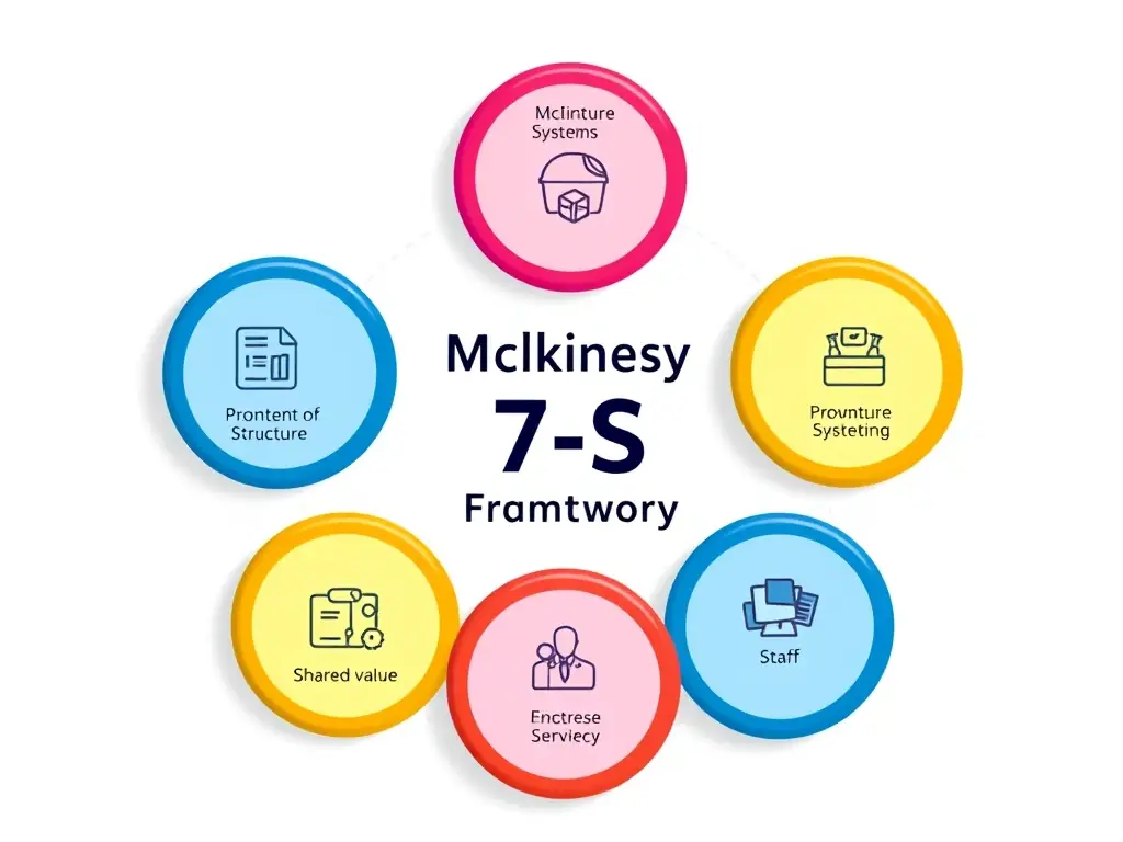 An illustration depicting a consultant using the McKinsey 7-S Framework to analyze a company's organizational design, with each of the seven elements (Strategy, Structure, Systems, Shared Values, Skills, Style, Staff) clearly labeled and interconnected.