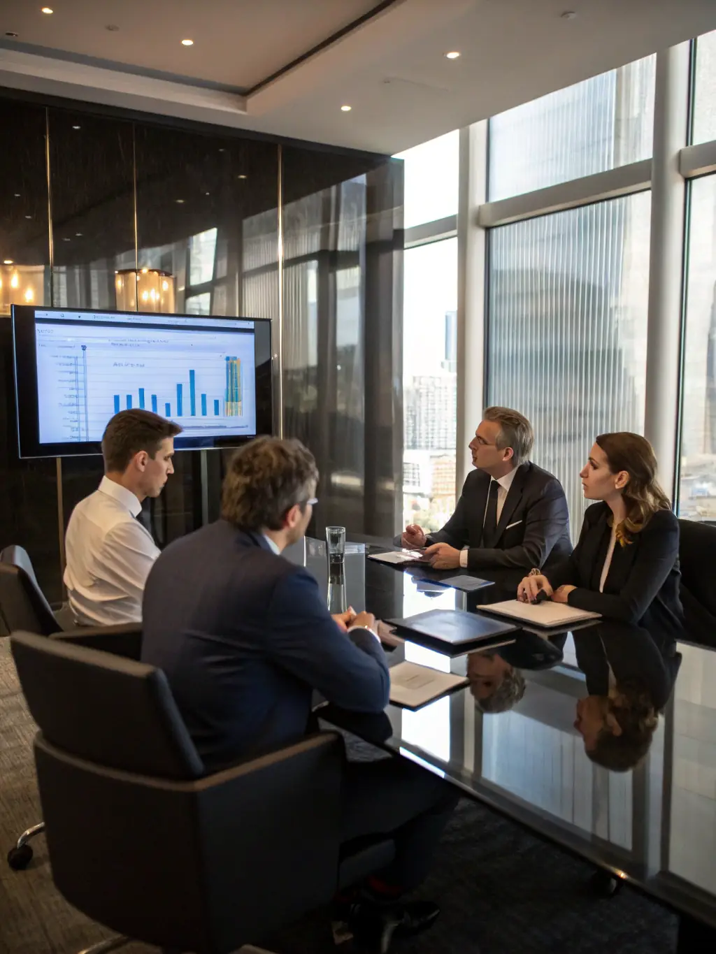 An image of a business meeting with charts and strategic plans on a screen, symbolizing strategic business consulting.