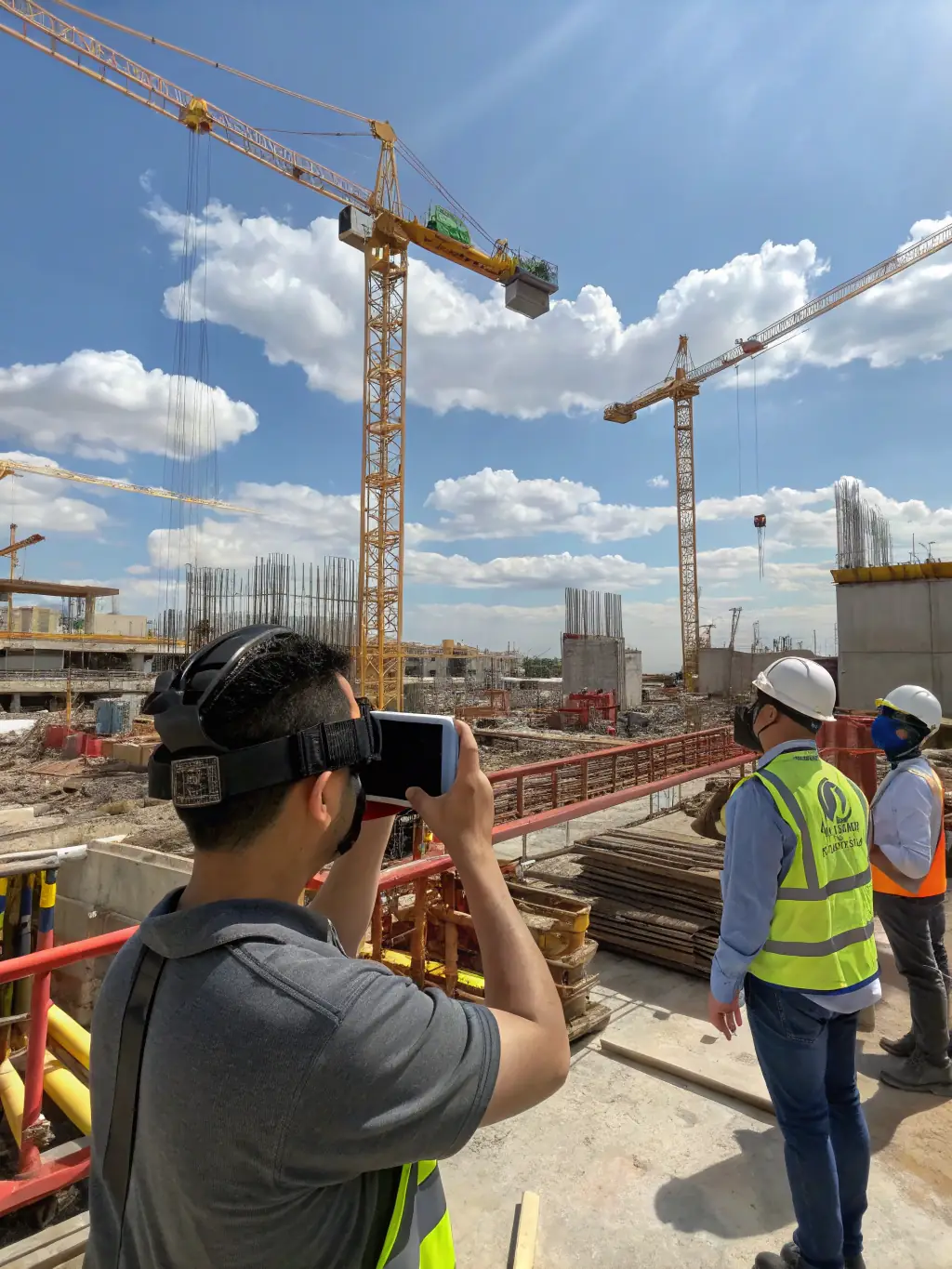 A construction site with workers using digital devices, illustrating the integration of digital tools in construction processes.