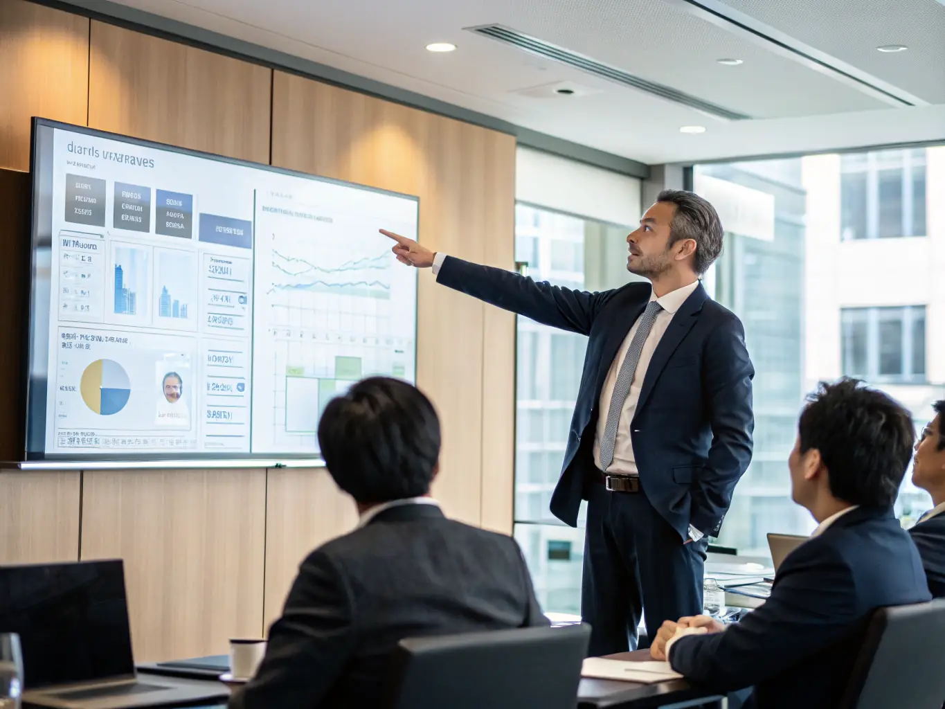A photograph of Erik Arther, founder of Harmonic Insight, standing in a modern office setting, surrounded by digital displays showcasing data analytics and business process models, symbolizing his expertise in IT and business consulting.