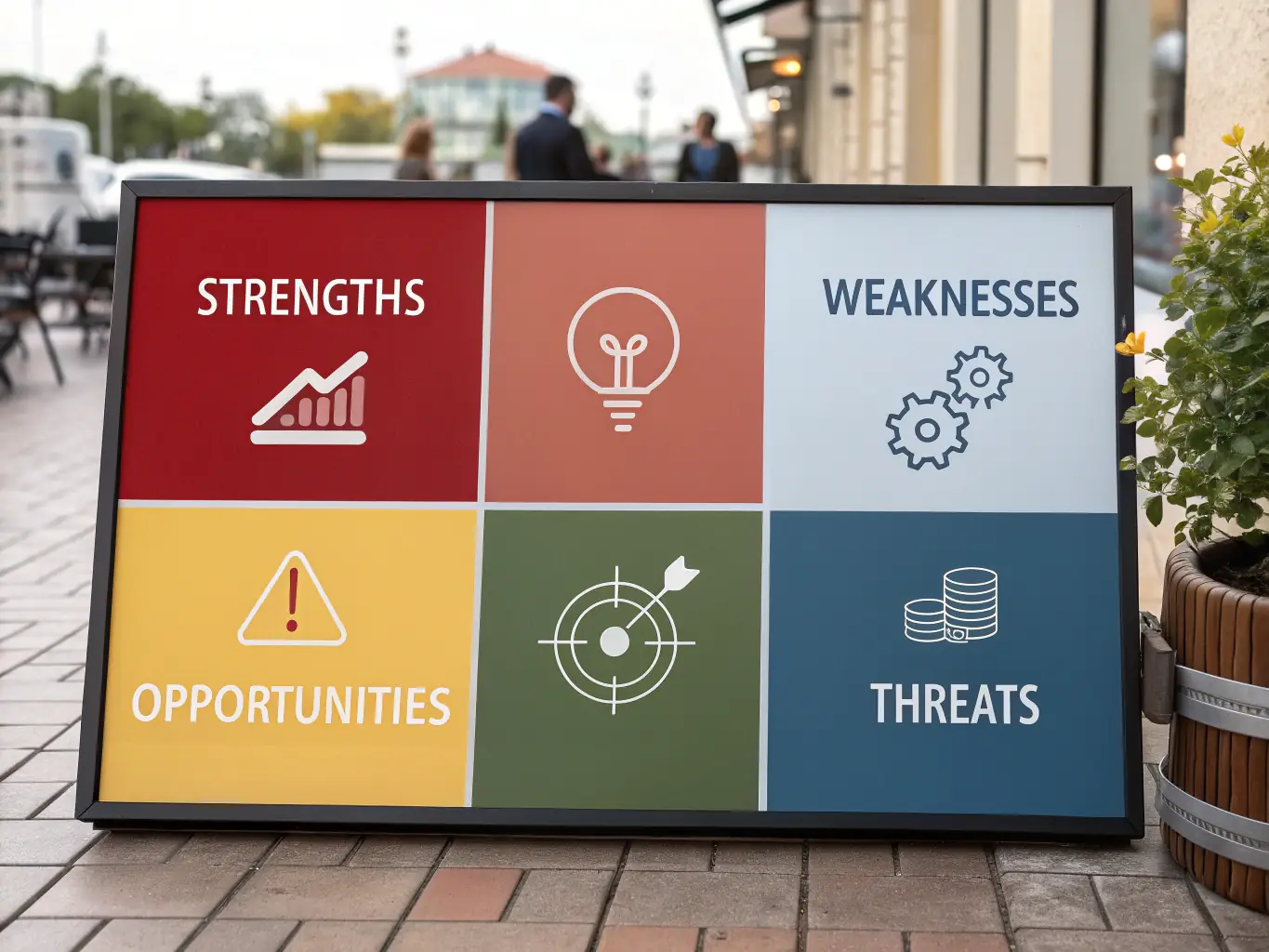A visual representation of the SWOT analysis matrix, with each quadrant (Strengths, Weaknesses, Opportunities, Threats) filled with relevant keywords and icons representing different aspects of a business strategy.