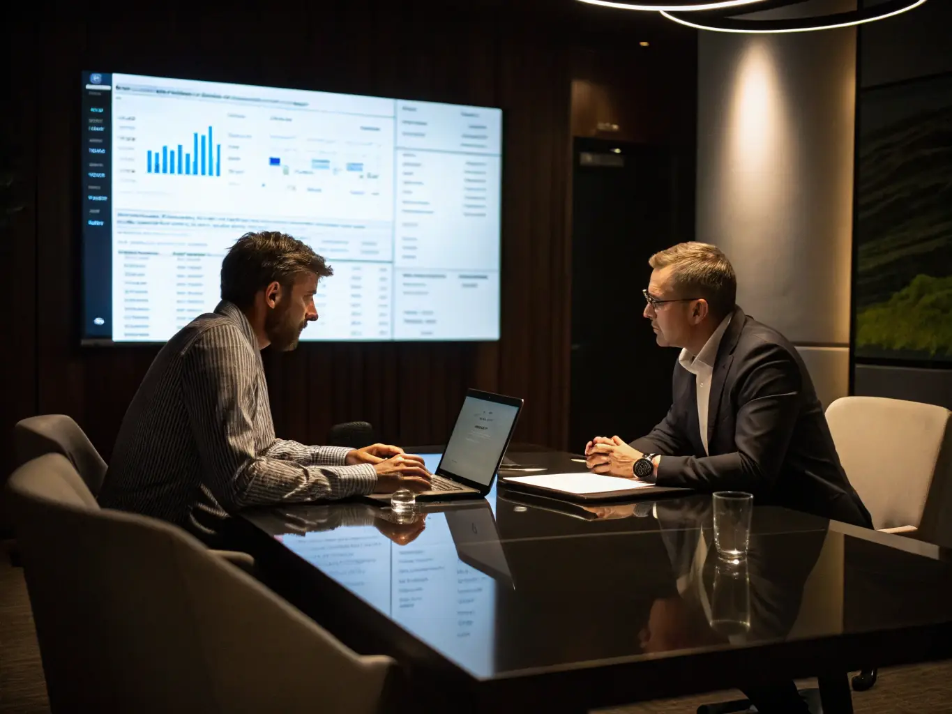 A consultant working with a client, analyzing data and discussing digital transformation strategies.