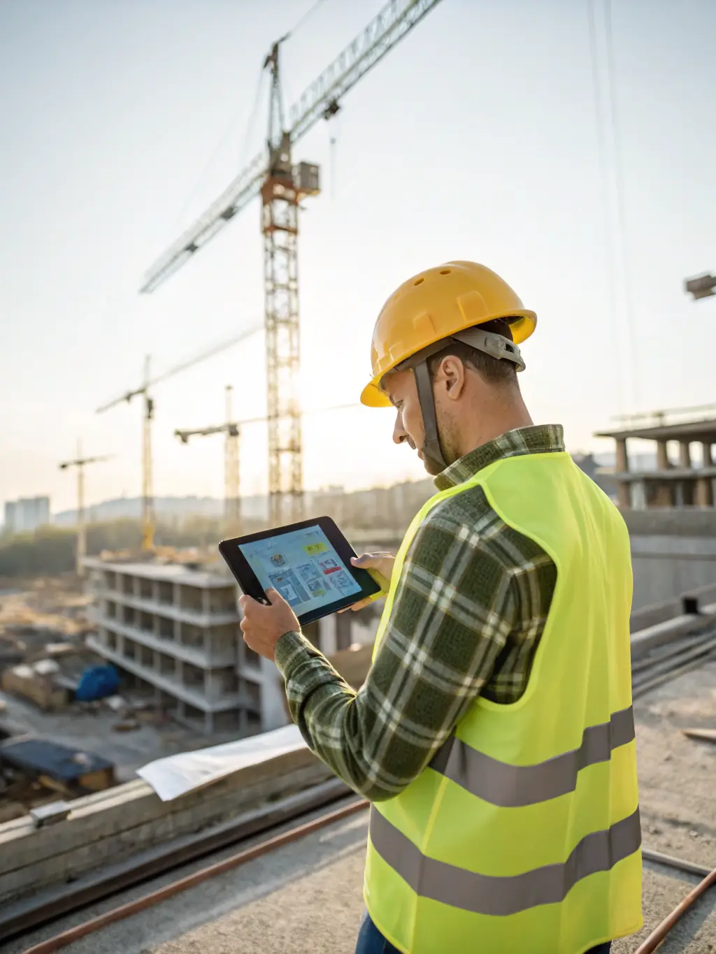 A photograph of a construction site with workers using digital tools and tablets, showcasing the integration of technology in the construction industry.