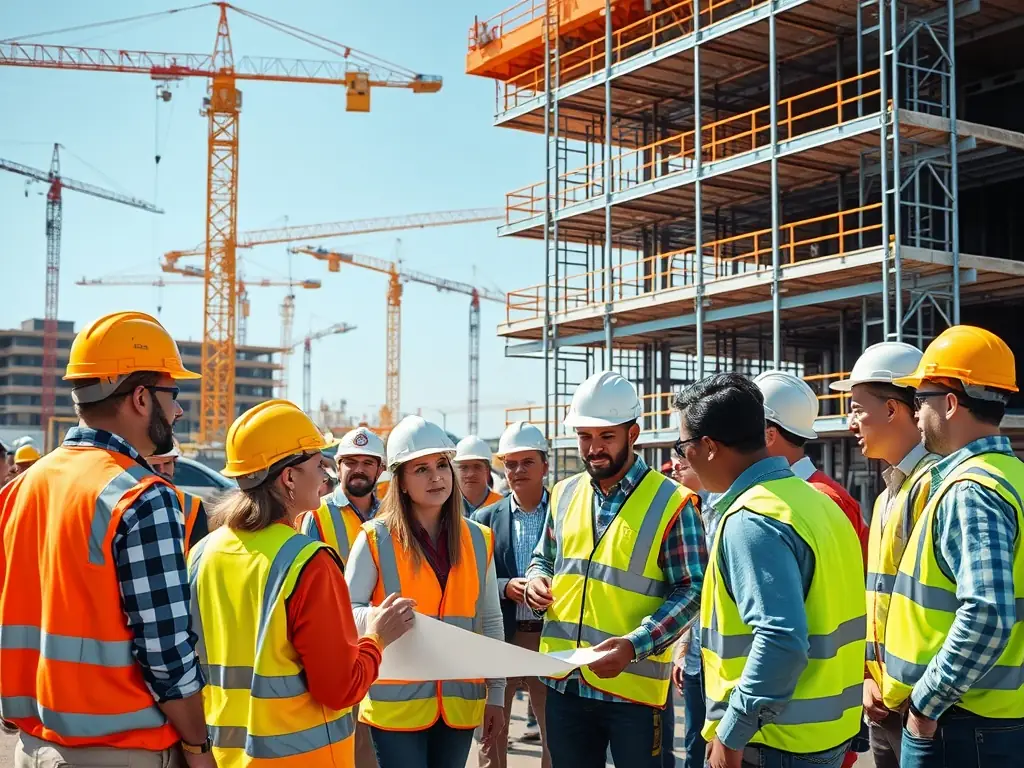A consultant working with a construction team on-site, reviewing blueprints and discussing process improvements.
