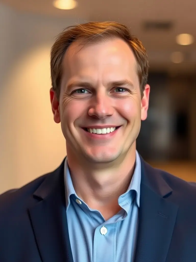 A professional headshot of Erik Arther, smiling confidently, in a modern office setting with bookshelves in the background, representing his expertise and experience.