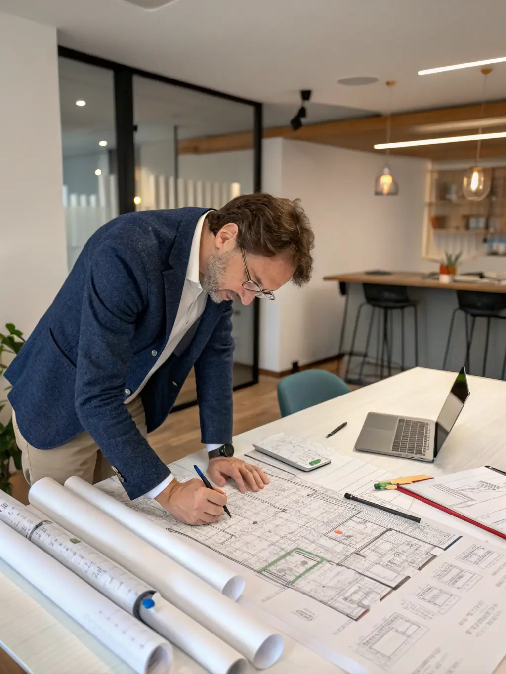 A consultant working with a client in a construction office, reviewing blueprints and discussing process improvements.
