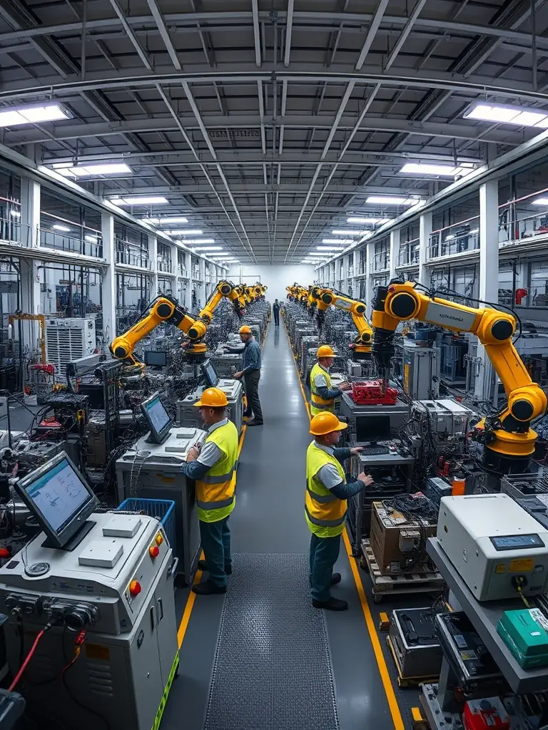 A manufacturing plant with automated machinery and a control panel, representing the development of digital tools for manufacturing.