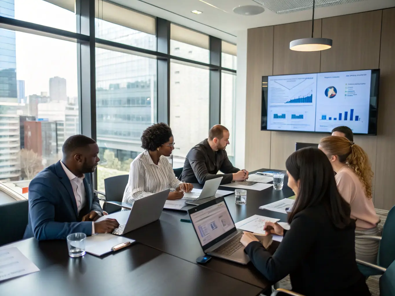 A strategic planning meeting with diverse professionals collaborating around a table, discussing growth strategies and market analysis.