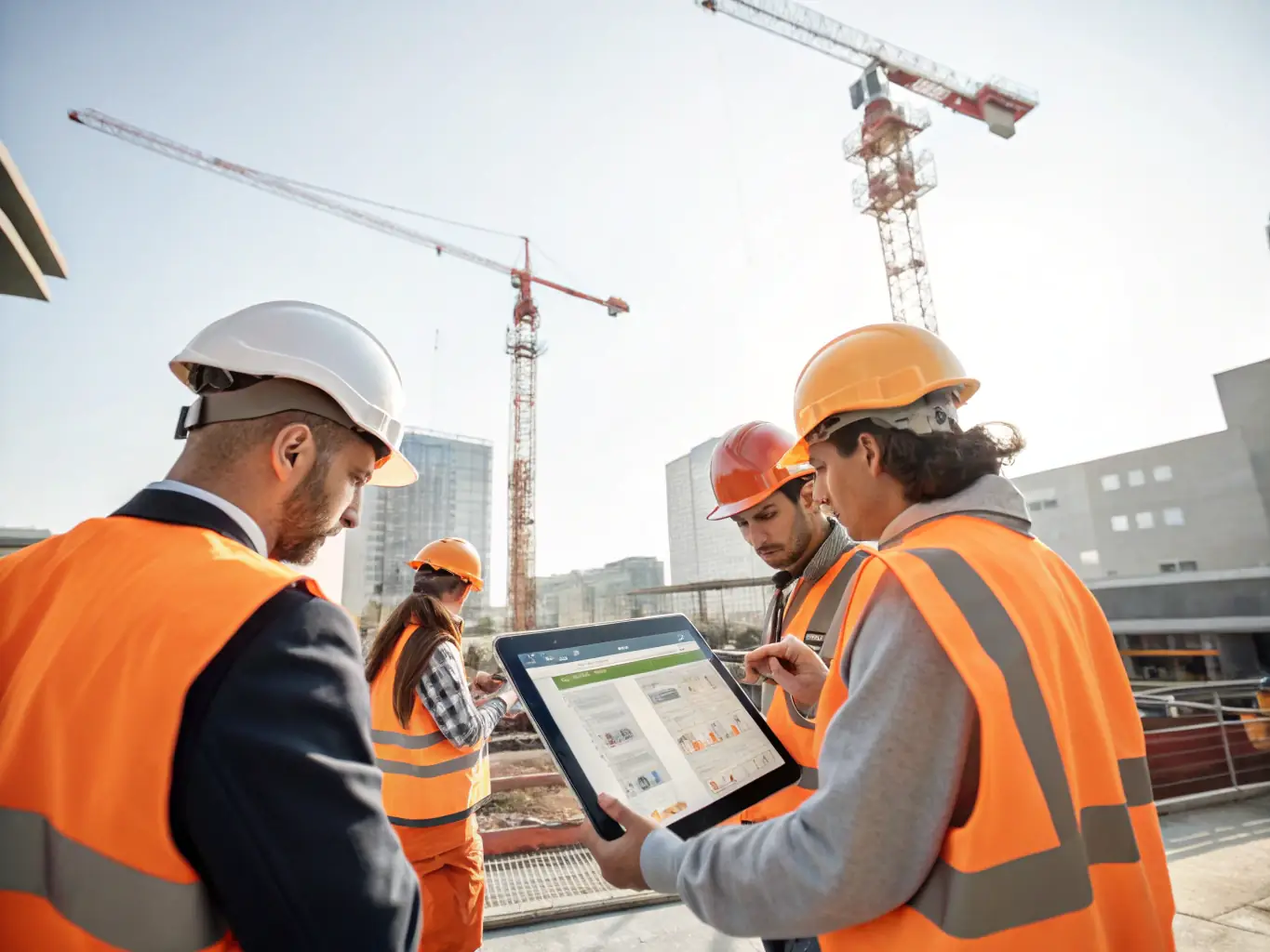 A construction site with workers using digital devices, showcasing the integration of technology in construction processes.